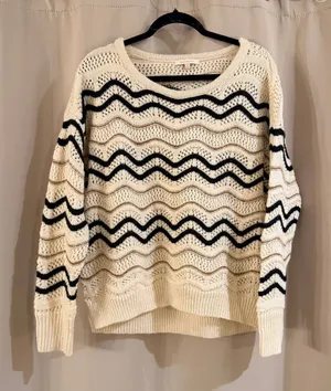 Skies Are Blue Cream Open-Knit Sweater with Black Wave Stripes thumbnail 1