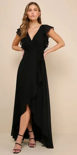 Lulus Ravishing Charm Maxi Dress Size Small‎ Black Ruffled Wrap High Low NWT thumbnail 1