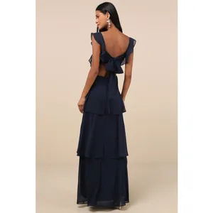 NWT Lulus Elegant Event Navy Ruffled Tie-Back Tiered Maxi Dress Bridesmaid Sz S thumbnail 3