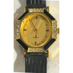 Gold Tone Black Accent Women's Quartz Fashion Watch with Rhinestone‎ Detail thumbnail 3
