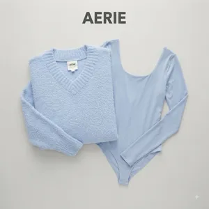 Aerie Womens Set/2 Bodysuit S Blue Fuzzy V-Neck Long Sleeve Sweater/Long Sleeve thumbnail 2