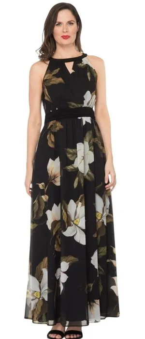 Joseph Ribkoff Floral Halter Maxi Dress Black Off White Womens 8 NEW Guest‎ thumbnail 1