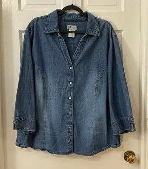 Faded Glory 100% Cotton Denim Shirt 26W 28W 3/4 Sleeve Western Utility Cowgirl thumbnail 1