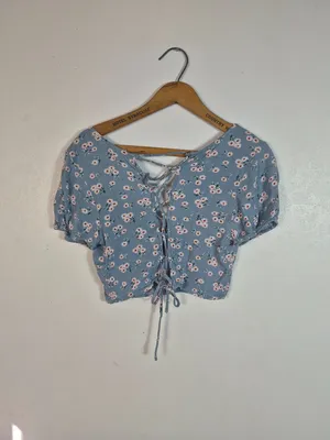 Sky & Sparrow Blue Floral Crop Top thumbnail 5