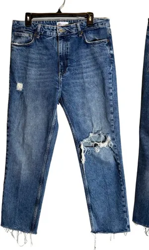Zara TRF High Rise Distressed Straight Leg Denim Jeans Women's 14 Blue Raw Hem thumbnail 1