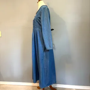 VTG Blue Denim Maxi Dress Long Sleeve Pleated Modest Farm Tradwife, Size 8 thumbnail 5