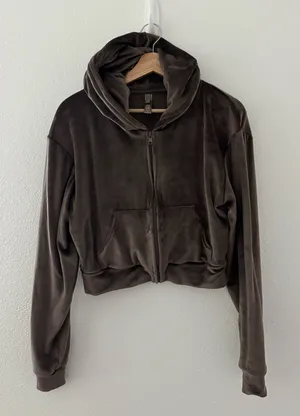 SKIMS Velour cropped Zip-Up Hoodie in a brown/oxide color thumbnail 1