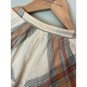 Free People Plaid Cotton Gauze Zip Up Bomber Jacket Cream Orange Brown Womens M thumbnail 4