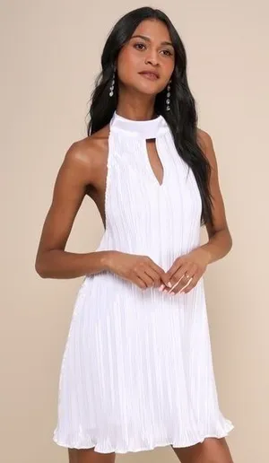 NEW Lulus Pretty Aura White Satin Plisse Mock Neck Mini Swing Summer Dress Sz XS thumbnail 1