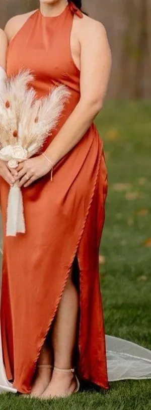 Rust High Neck Satin Maxi Orange Size M thumbnail 1