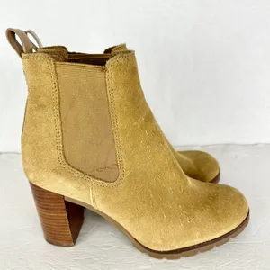 Tory Burch Stafford Suede Ankle Boots Size 8 Tan Beige Pull On Wood Block Heel thumbnail 3