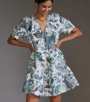 Anthropologie Pilcro Linen Blend Puff Sleeve Tunic Dress Womens Small White/Blue thumbnail 1
