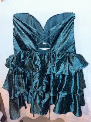Amazon Strapless Teal Satin Polka Dot Cut Out Ruffle Dress thumbnail 3