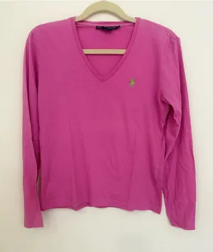 Ralph Lauren Sport Pink V-Neck Long Sleeve Tee with Green Pony women Size Small thumbnail 1