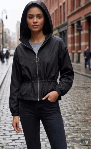 New Look Black Cinched Hooded Windbreaker Jacket thumbnail 1