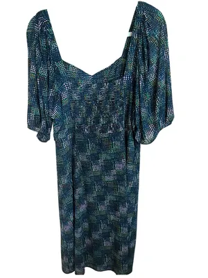 CAbi Elaine Multi Geometric Ruched Neckline,Midi Dress, Puff Sleeves, Smocking thumbnail 6
