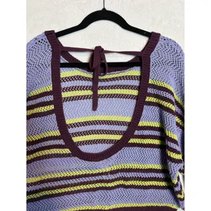 Anthropologie Striped Open Knit Cropped Sweater Open Back Tie purple L thumbnail 10