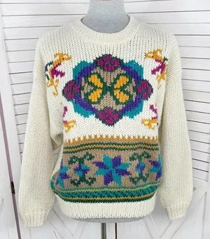 Vintage Rafferty 80s‎ 90s Floral Chunky Knit Sweater Ivory Large Crewneck thumbnail 1