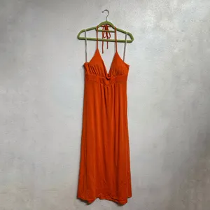 Blaxident Orange Halter Maxi Dress Flowy Empire Waist Sz L thumbnail 2