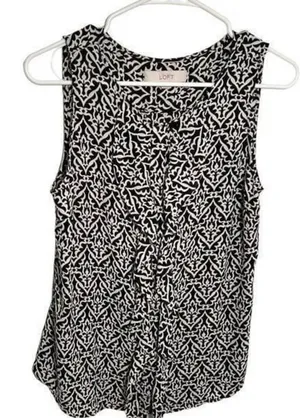 Loft Women's Sz Small Sleeveless Button Down Ruffle Blouse Black White Geometric thumbnail 1