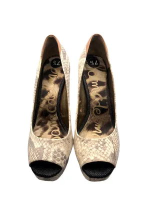 Sam Edelman "Tacoma" Taupe & Brown Leather Snakeskin Print Peep-Toe Heels thumbnail 8