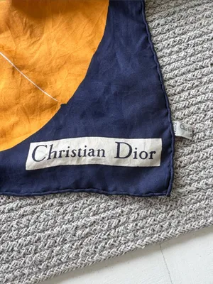 Christian Dior Orange White Navy Blue Polka Dot Silk Scarf 30” Sq thumbnail 3