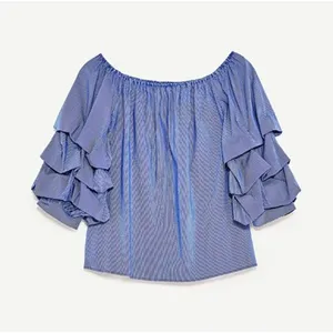 Zara Tiered Ruffle Off Shoulder Top XS Blue Pinstripe Retro European Coastal thumbnail 10