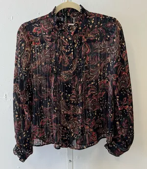 NWT Mango Floral Paisley Metallic Contemporary Ruffle‎ Sheer Blouse Blk Burgundy thumbnail 1