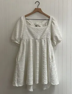 FREE PEOPLE Violet Puff Sleeve Tie Back Babydoll Mini Dress in White Size M (?) thumbnail 11