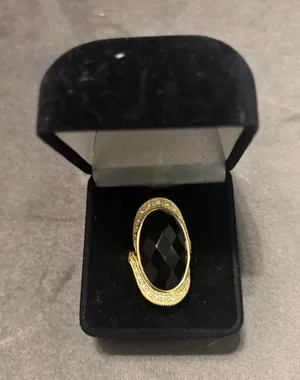 Gold-Tone Black Oval Large Jet Stone Ring with Crystal Accents Size 9 thumbnail 1