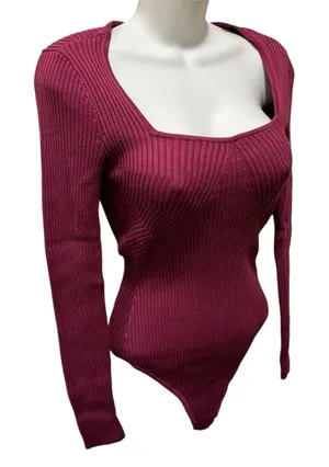 Abercrombie & Fitch Fuchsia Rib Knit Sweater Bodysuit Sz M LS Clean Girl Casual thumbnail 1
