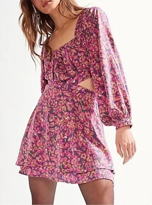 Free People Jeal Bohemian Floral Cutout Dress Pink Long Sleeve Dress Medium thumbnail 1