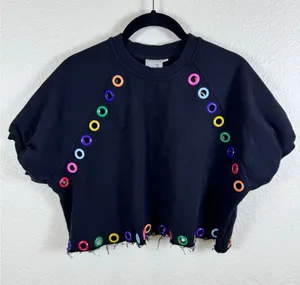 Queen of Sparkles‎ Black Sweatshirt Womens XS Rainbow Grommet Cropped Raw Hem thumbnail 1