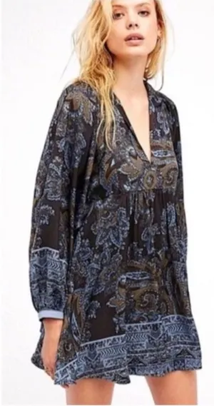 Free People Say You Love Me Paisley Silky Mini Tunic Dress S thumbnail 1