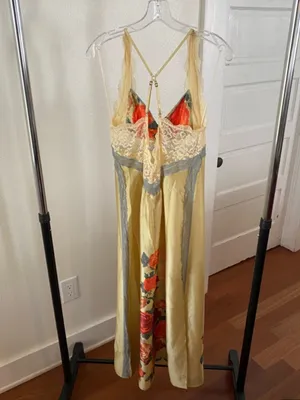 Free People Yellow Satin Floral Slip with Red Rose Accents NEW thumbnail 4