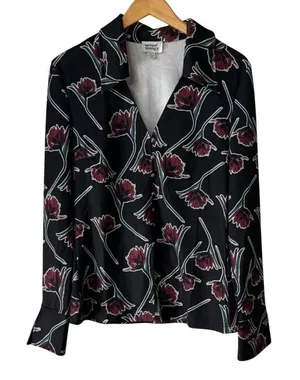 Unique Vintage Scattered Stem Floral Blouse Black Red Poppy Button Up M K1665KT2 thumbnail 1