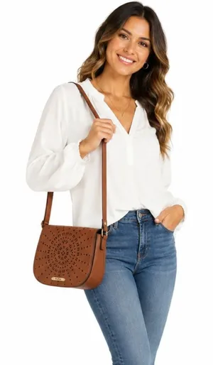Mudd Womens Brown Shoulder Bag Small Cut Out Boho Festival Western Saddle Bag Purse thumbnail 1