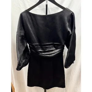 h:ours $218 Women's Cristiano Satin Puff Sleeve Pleated Mini Dress in Black Sz 0 thumbnail 2