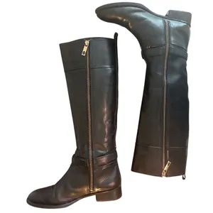 Tory Burch Black Leather Riding Boots Embossed Double T Logo Size 8 thumbnail 5