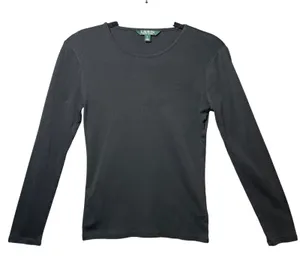 Lauren Ralph Lauren Womens Black Ribbed Cotton Long Sleeve Crew Neck Top Size M thumbnail 1