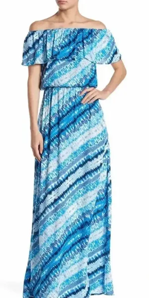 NEW The Vanity Room Women's Small Blue Ruffle Off the Shoulder Maxi Dress v6x thumbnail 1