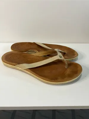 OluKai Honu Cream Leather Thong Sandals Slip On Hawaiian Comfort Shoes thumbnail 2