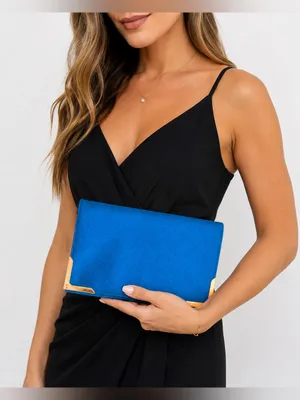 Shiraleah Chicago Blue Wool Blend Envelope Clutch Purse Gold Corner Accents Glam thumbnail 1