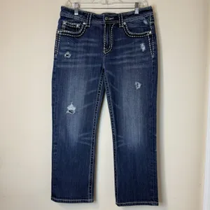 Miss Me Modelo Boyfriend Distress Mid Rise Dark Wash 6 Cropped Denim Jean Capri thumbnail 5