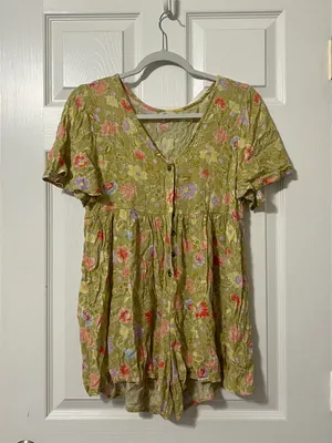 Billabong Spring Daze Babydoll Romper Size Small Floral Green thumbnail 2