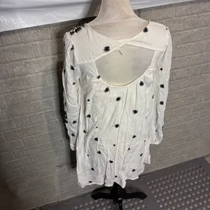 Free People Embroidered‎ V-Neck Mini Dress Ivory Black Floral Boho XS thumbnail 6