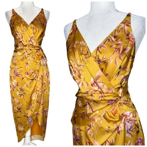 NWOT Express Satin Mustard Yellow Floral Bird Twist Front Tulip Midi Dress Small thumbnail 2