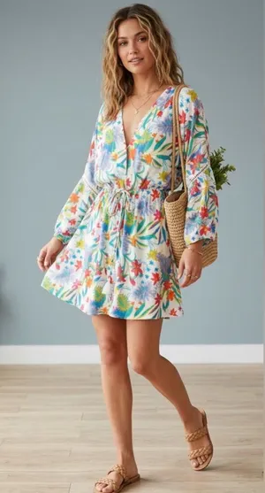 Amiani Tropical Botanical Print Mini Dress – Effortless Resort Wear Cover-Up thumbnail 1