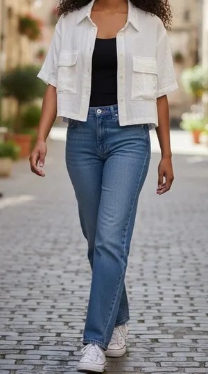 H&M Divided White Short Sleeve Button-Front Utility Crop Shirt thumbnail 1