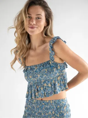 NWT Natural Life | Angelina Smocked Top - Blue Ditsy Floral, Large thumbnail 1
